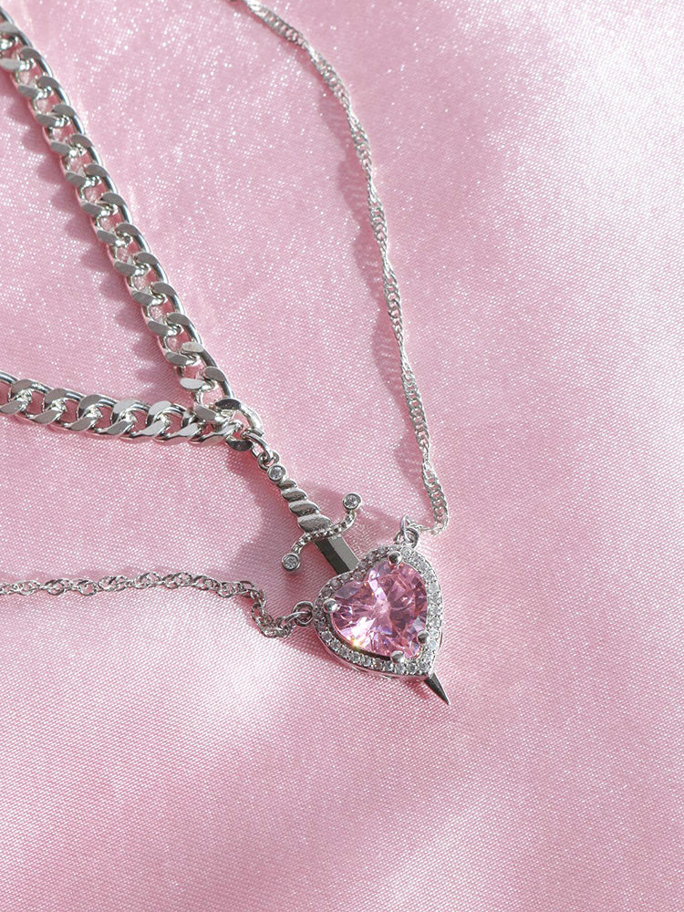 [ Limited edition] Pink heart and sword necklaces SET